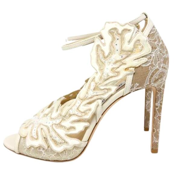 Jimmy Choo White Bridal Heels Strappy Floral Lace Crystal Wedding Pump EU39.5 - Picture 3 of 11